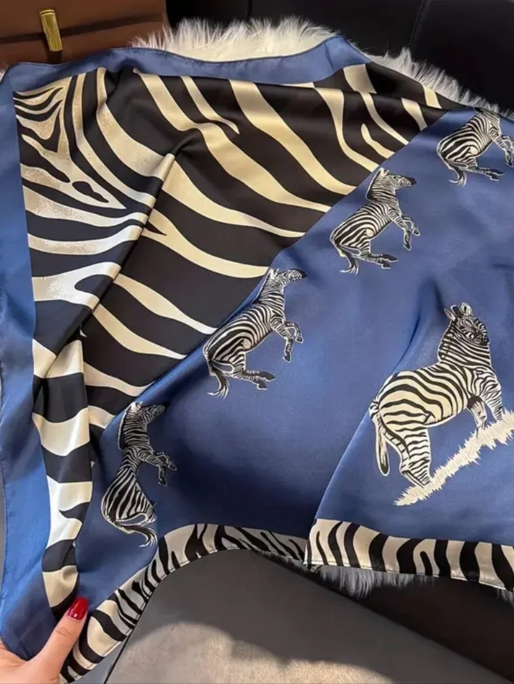 Silk-feel Blue Zebra PrintScarf  Head Scarf , Neck Scarf